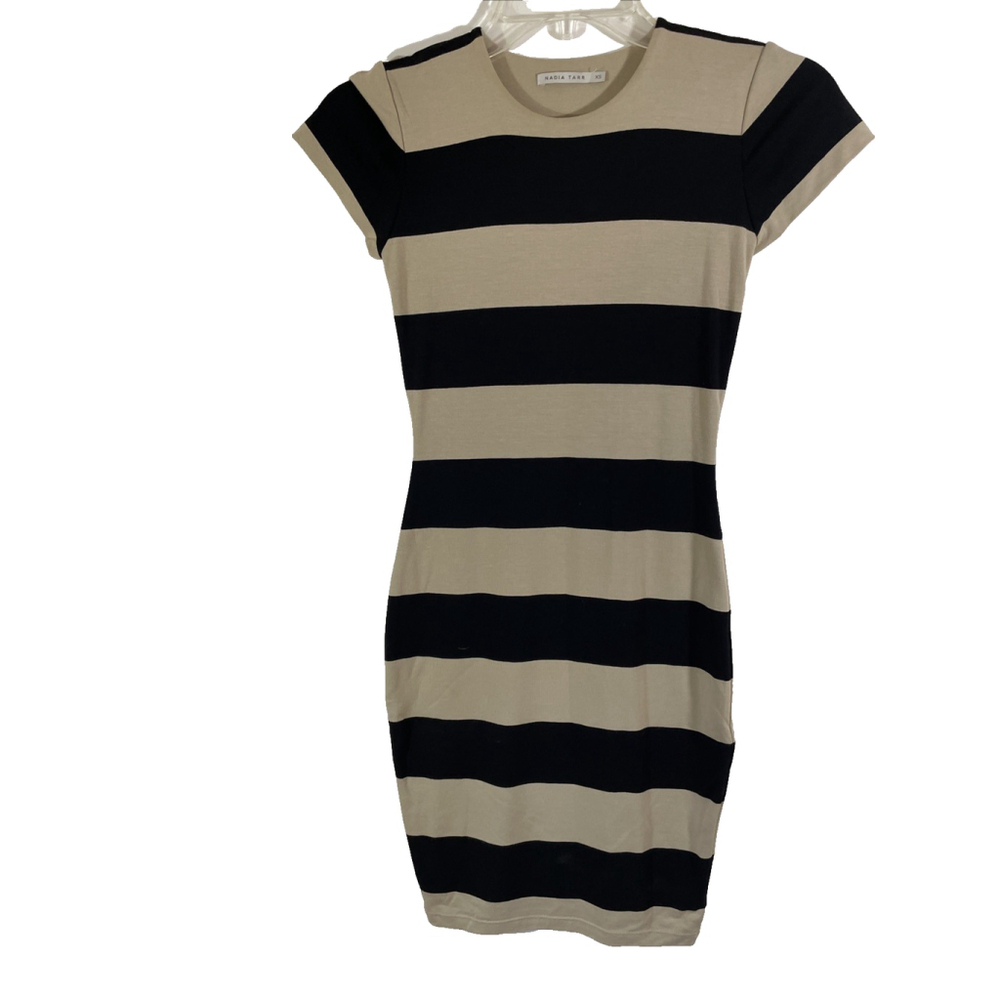 Nadia Tarr Black Tan Striped Short Sleeve Bodycon Mini Dress Stretch Lined Sz XS